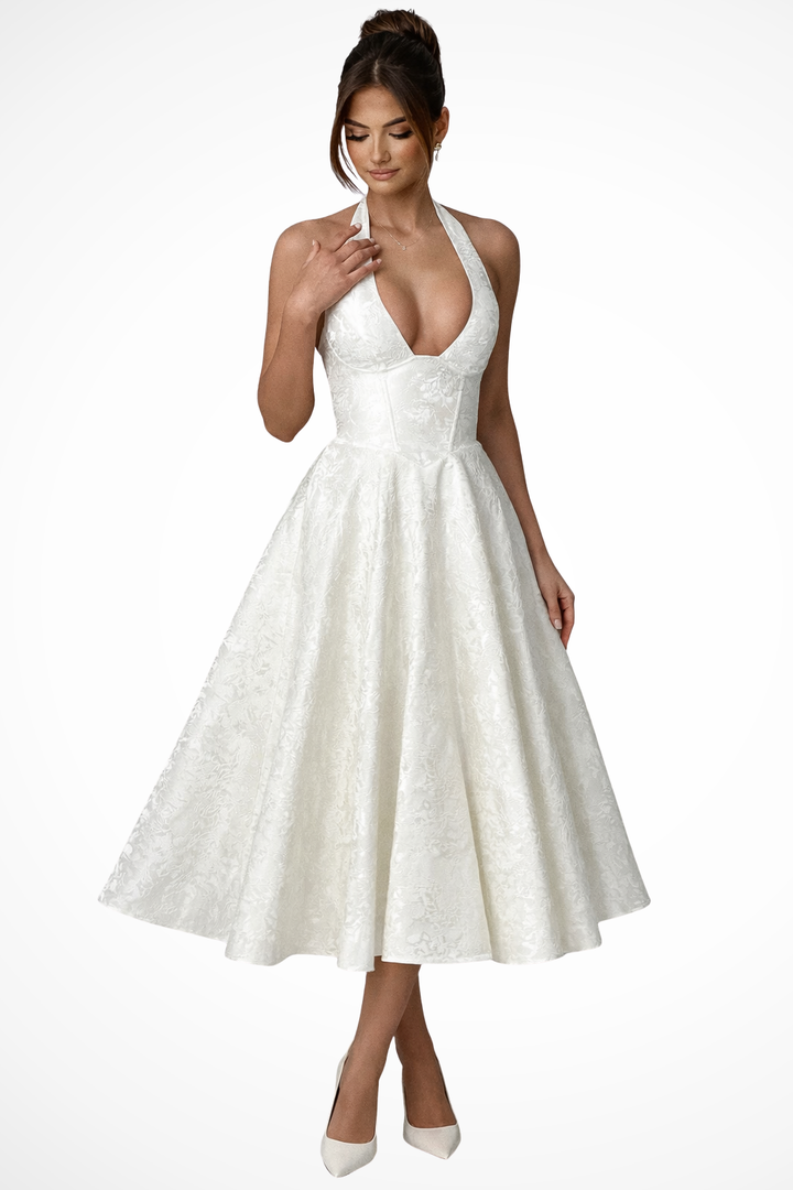 Women's Halter Neck Backless Corset Midi Dress – A-Line Tonal Floral