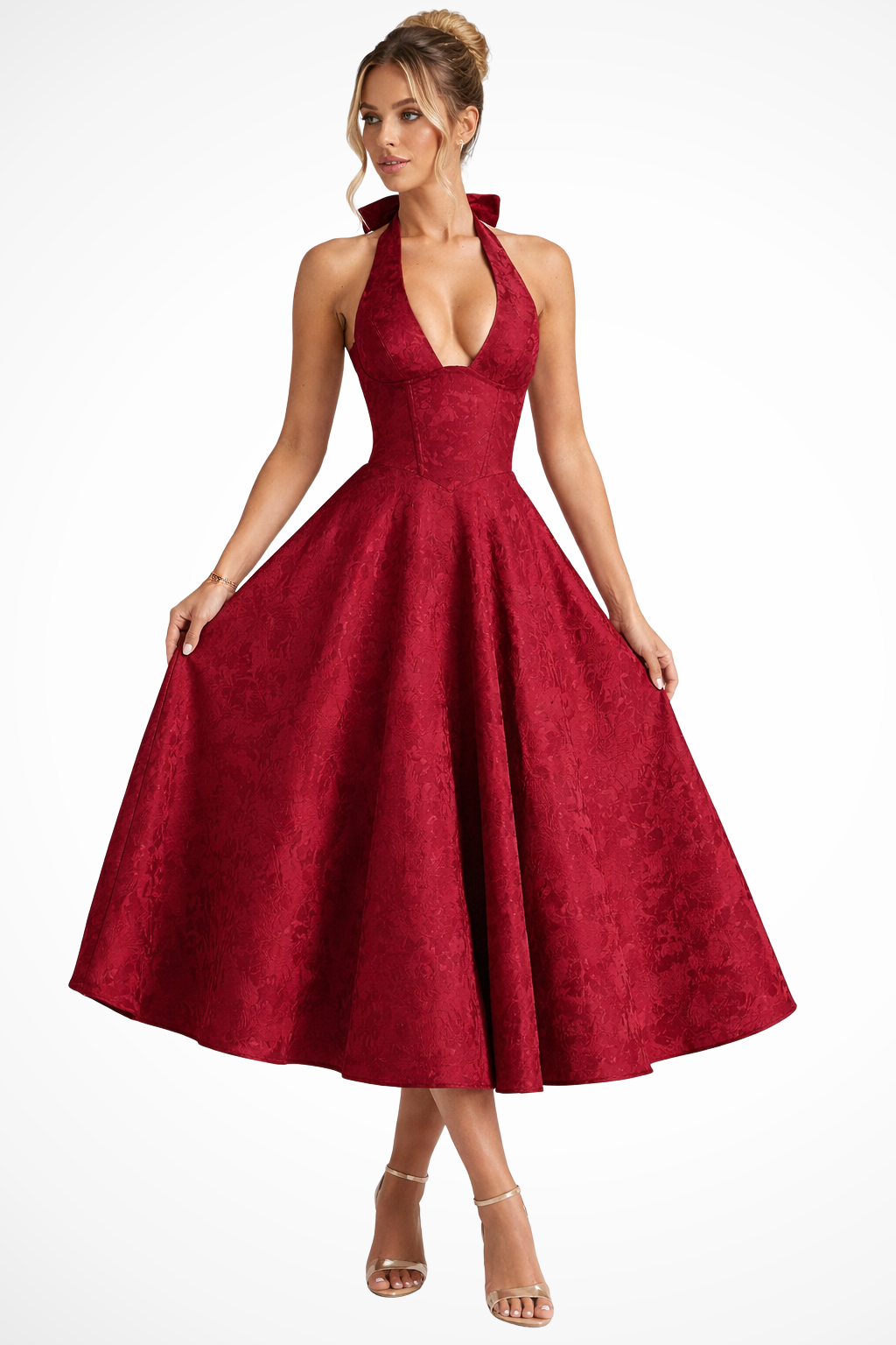 Women's Halter Neck Backless Corset Midi Dress – A-Line Tonal Floral