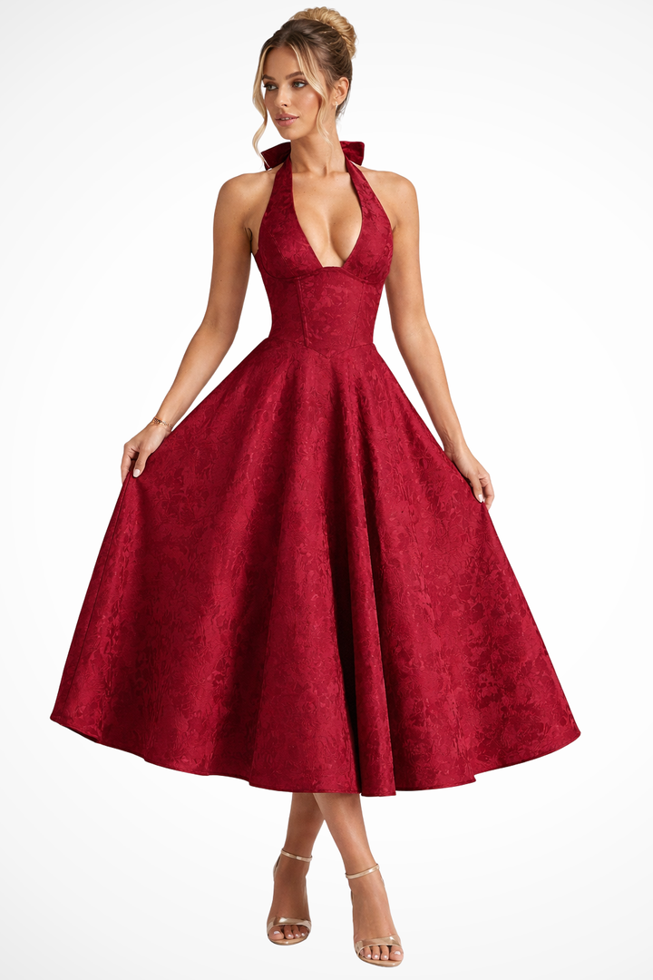 Women's Halter Neck Backless Corset Midi Dress – A-Line Tonal Floral