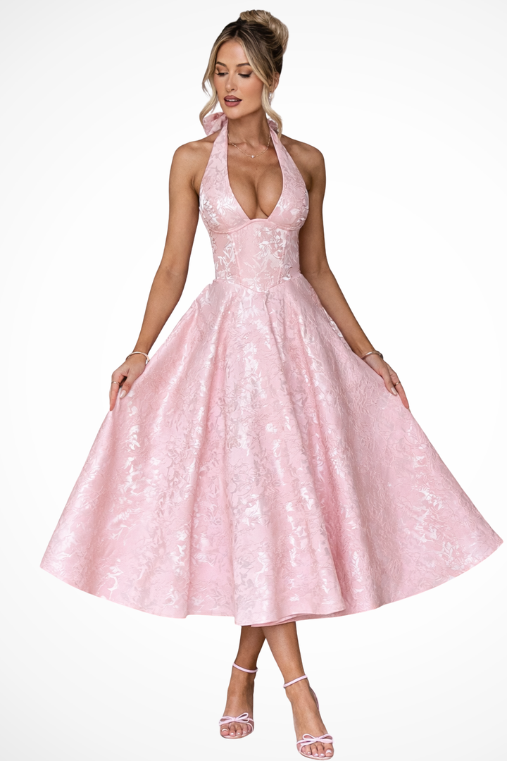 Women's Halter Neck Backless Corset Midi Dress – A-Line Tonal Floral