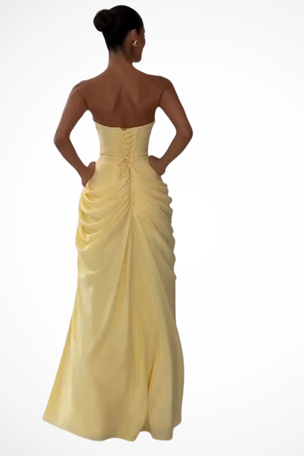 Strapless Maxi Dress – Ruched Slit Draped Bandeau Gown