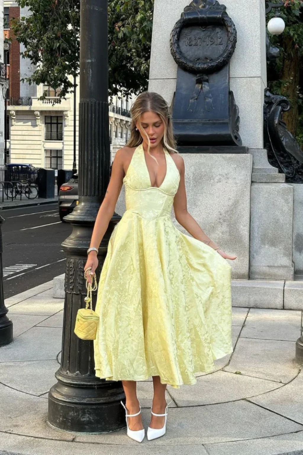 Women's Halter Neck Backless Corset Midi Dress – A-Line Tonal Floral