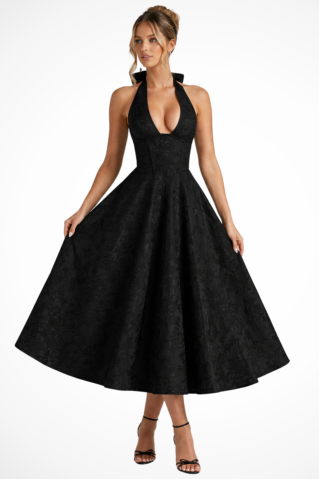 Women's Halter Neck Backless Corset Midi Dress – A-Line Tonal Floral