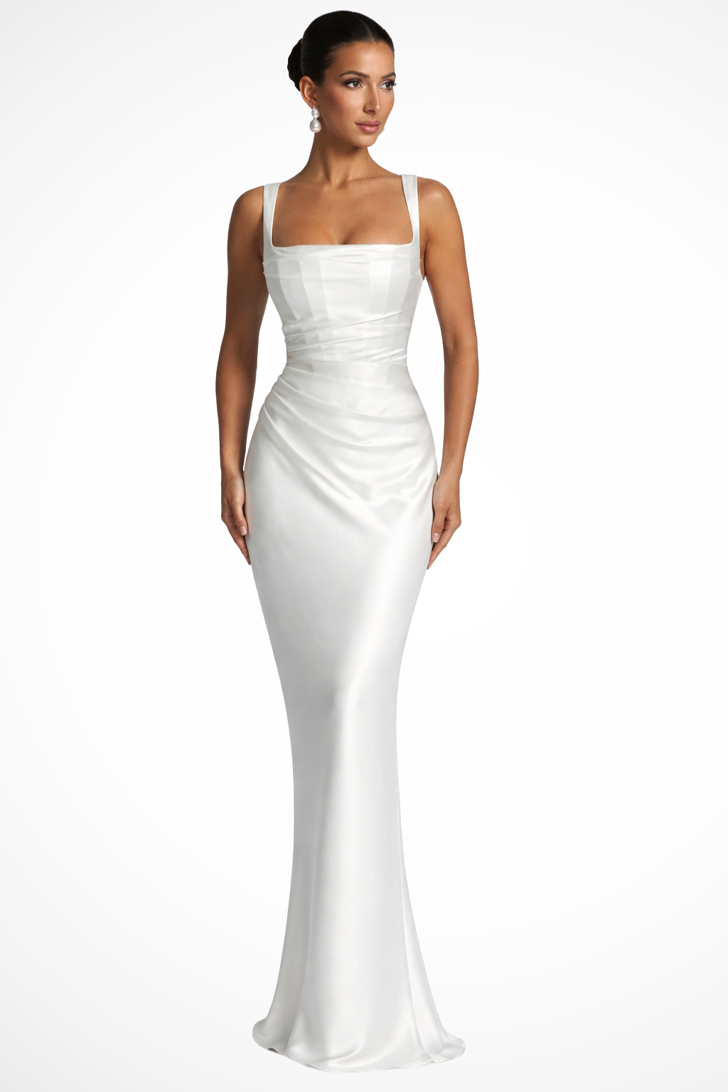 Satin Maxi Dress – Women's Square Neck Ruched Formal Gown