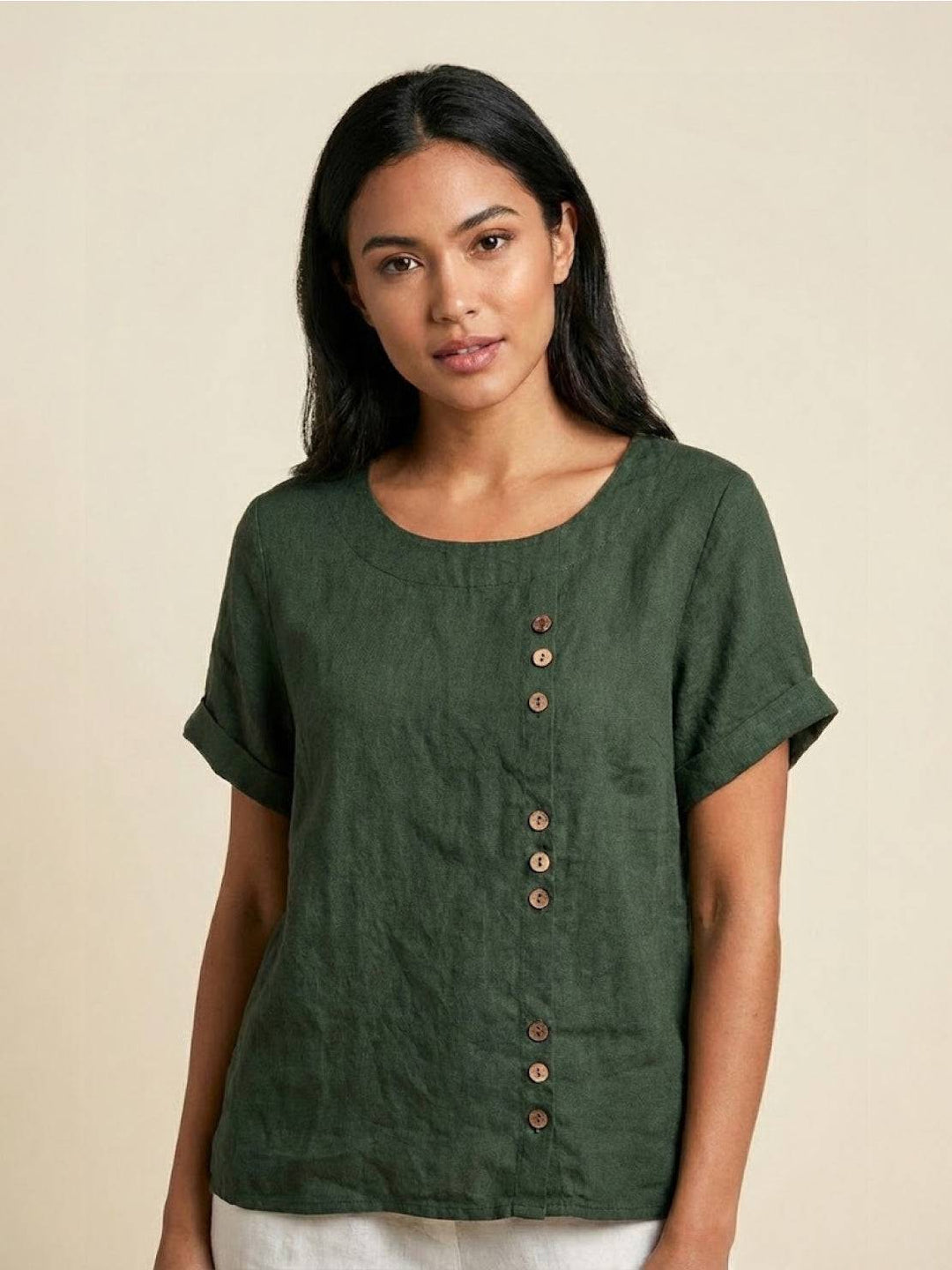 Women's Linen Blouse Round Neck Short Sleeve – Relaxed Breathable
