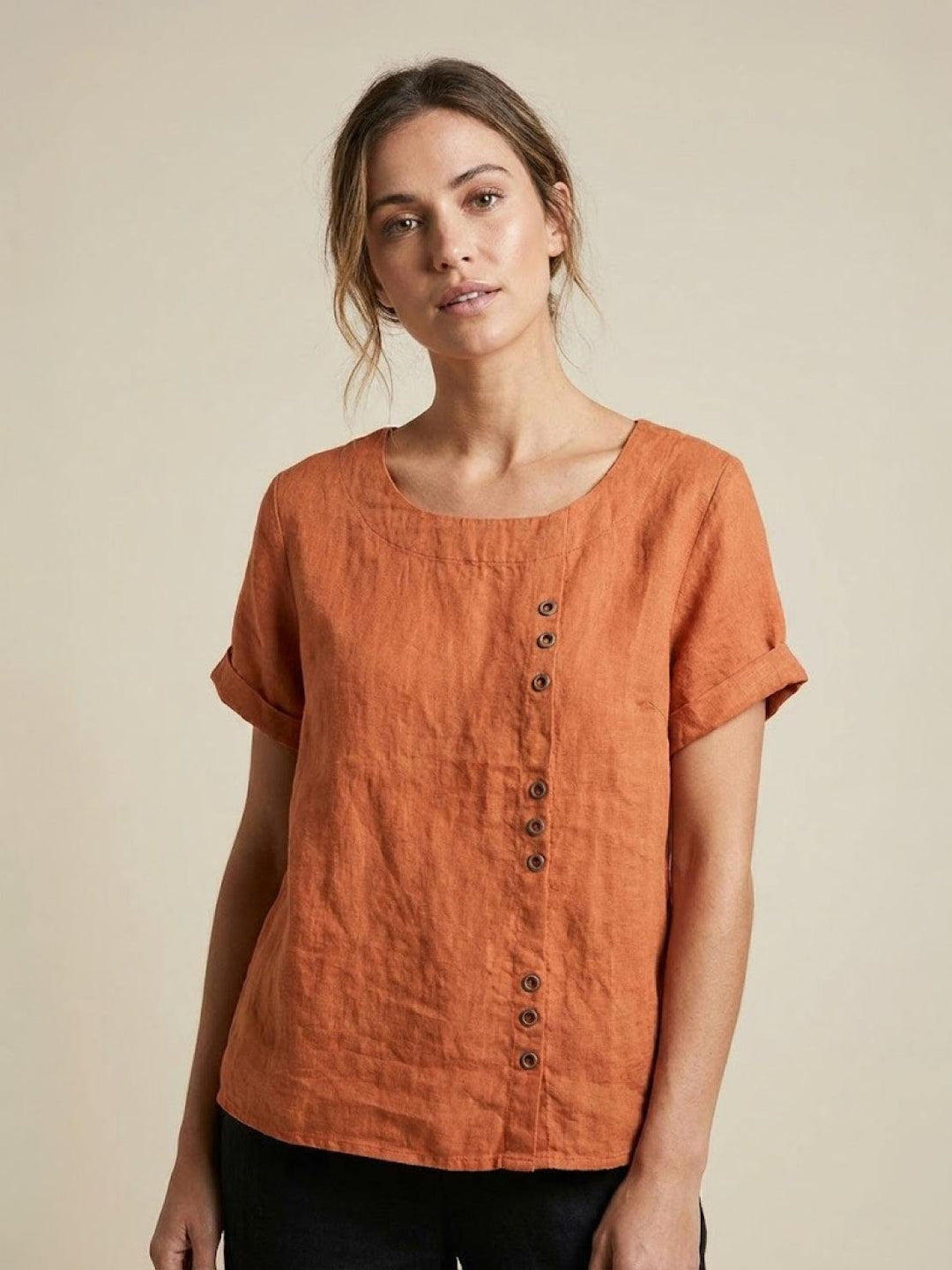 Women's Linen Blouse Round Neck Short Sleeve – Relaxed Breathable
