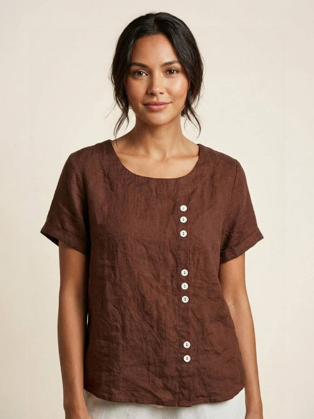 Women's Linen Blouse Round Neck Short Sleeve – Relaxed Breathable