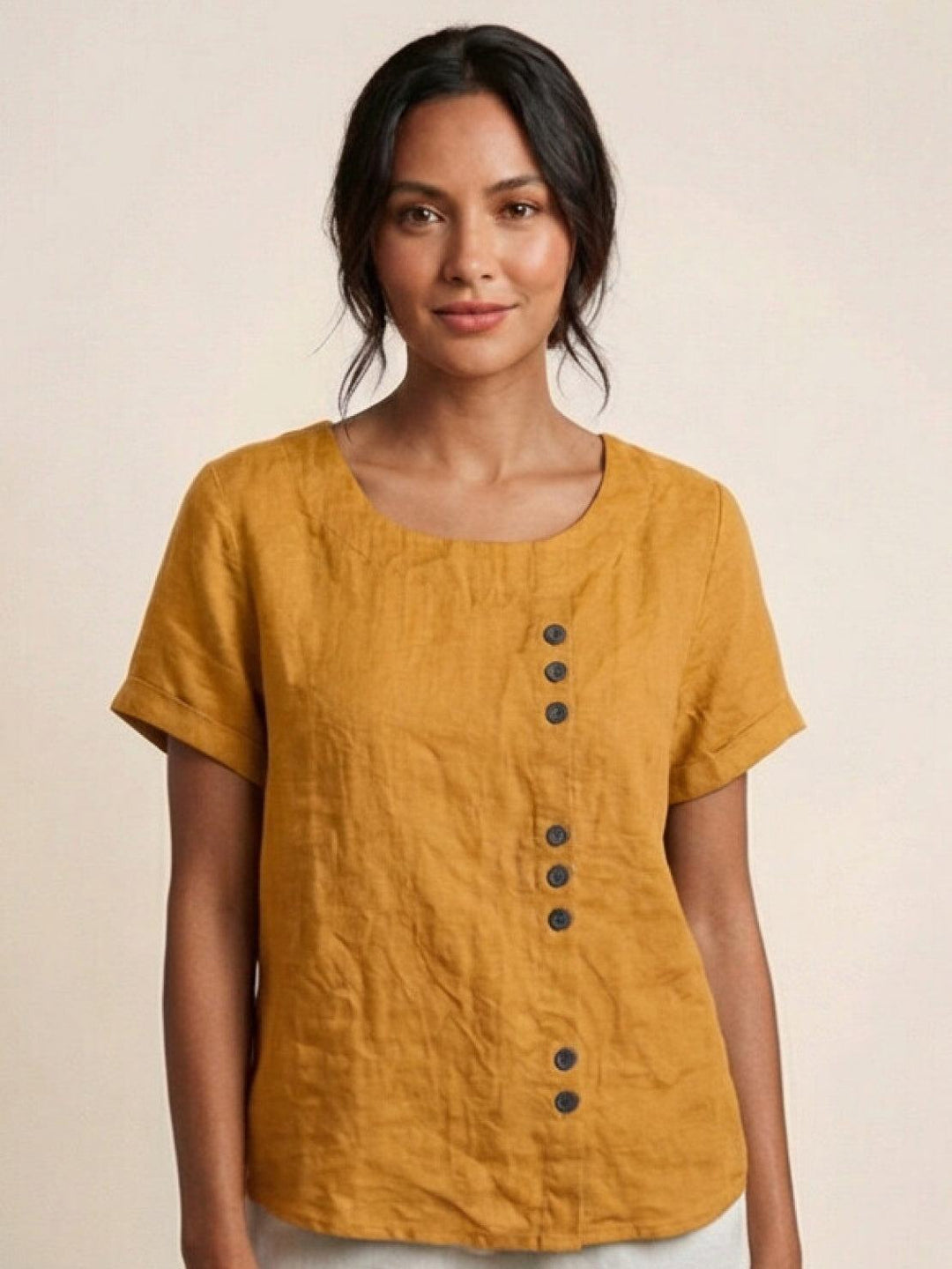 Women's Linen Blouse Round Neck Short Sleeve – Relaxed Breathable
