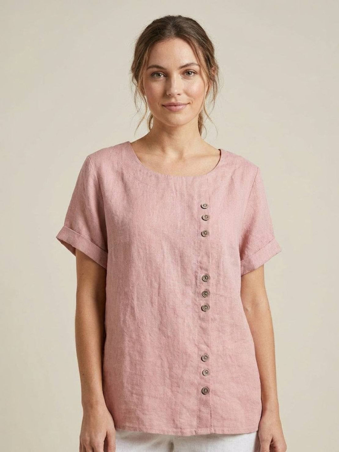 Women's Linen Blouse Round Neck Short Sleeve – Relaxed Breathable