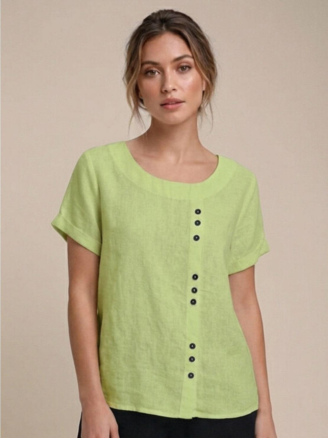 Women's Linen Blouse Round Neck Short Sleeve – Relaxed Breathable
