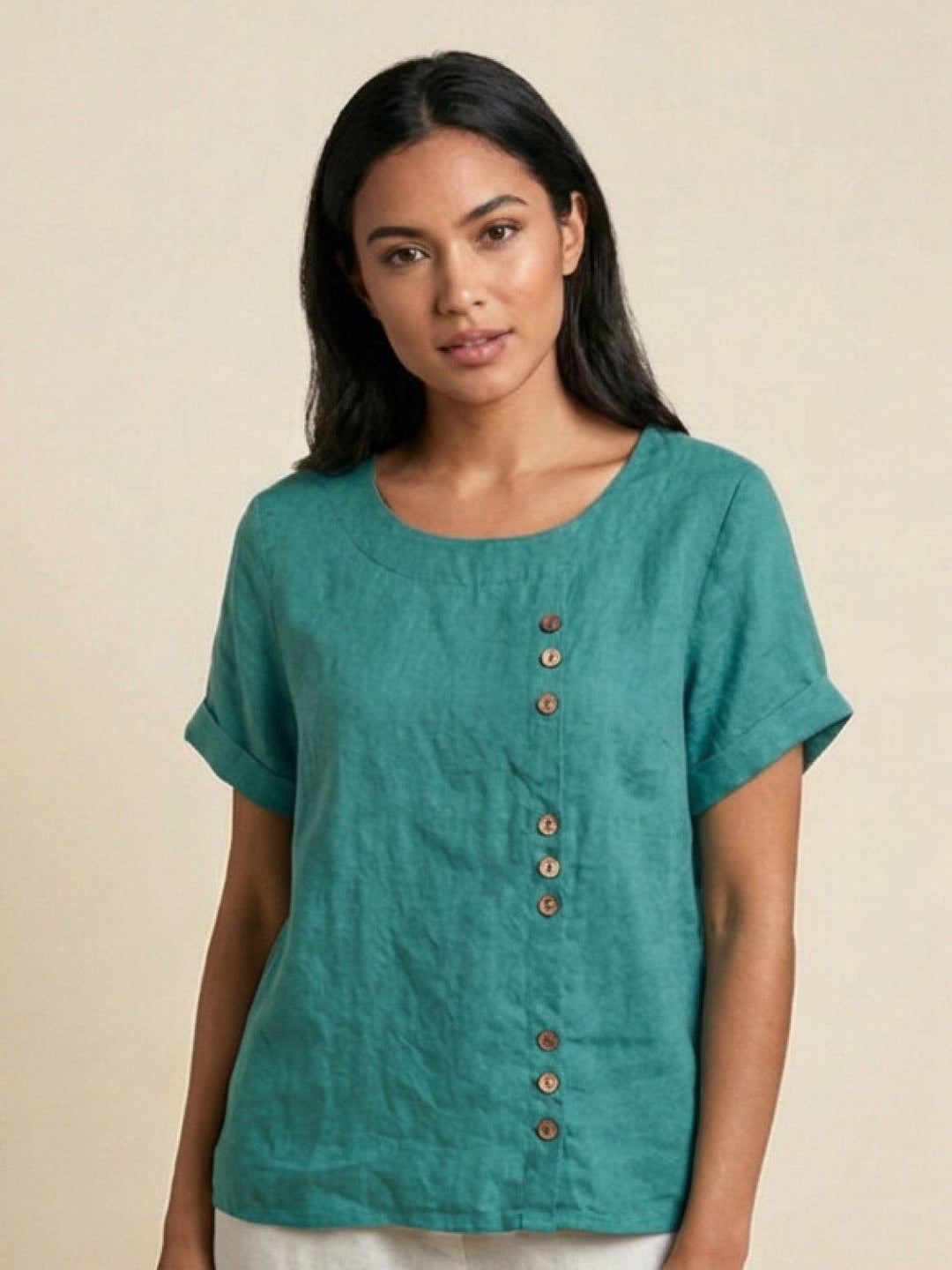 Women's Linen Blouse Round Neck Short Sleeve – Relaxed Breathable