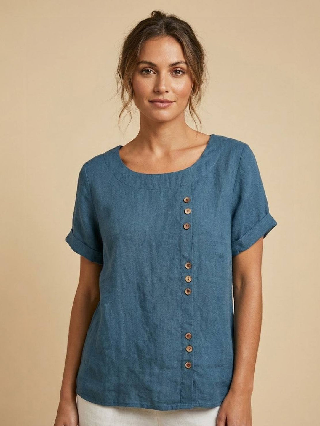 Women's Linen Blouse Round Neck Short Sleeve – Relaxed Breathable
