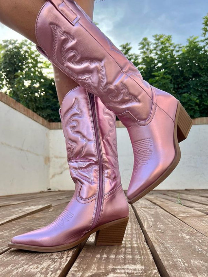 Metallic Cowboy Boots – Western Pointed Toe Block Heel