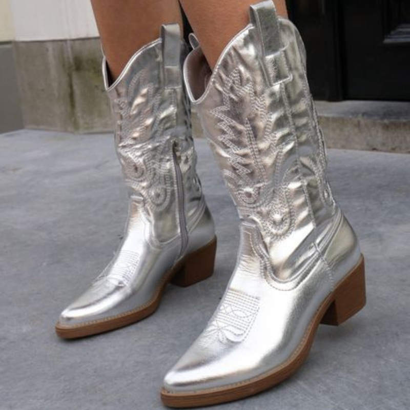 Metallic Cowboy Boots – Western Pointed Toe Block Heel