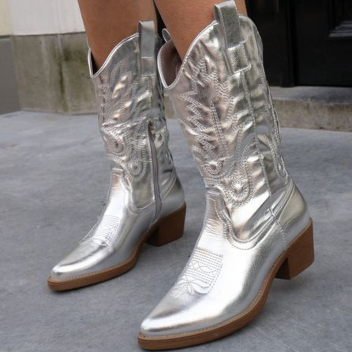 Metallic Cowboy Boots – Western Pointed Toe Block Heel