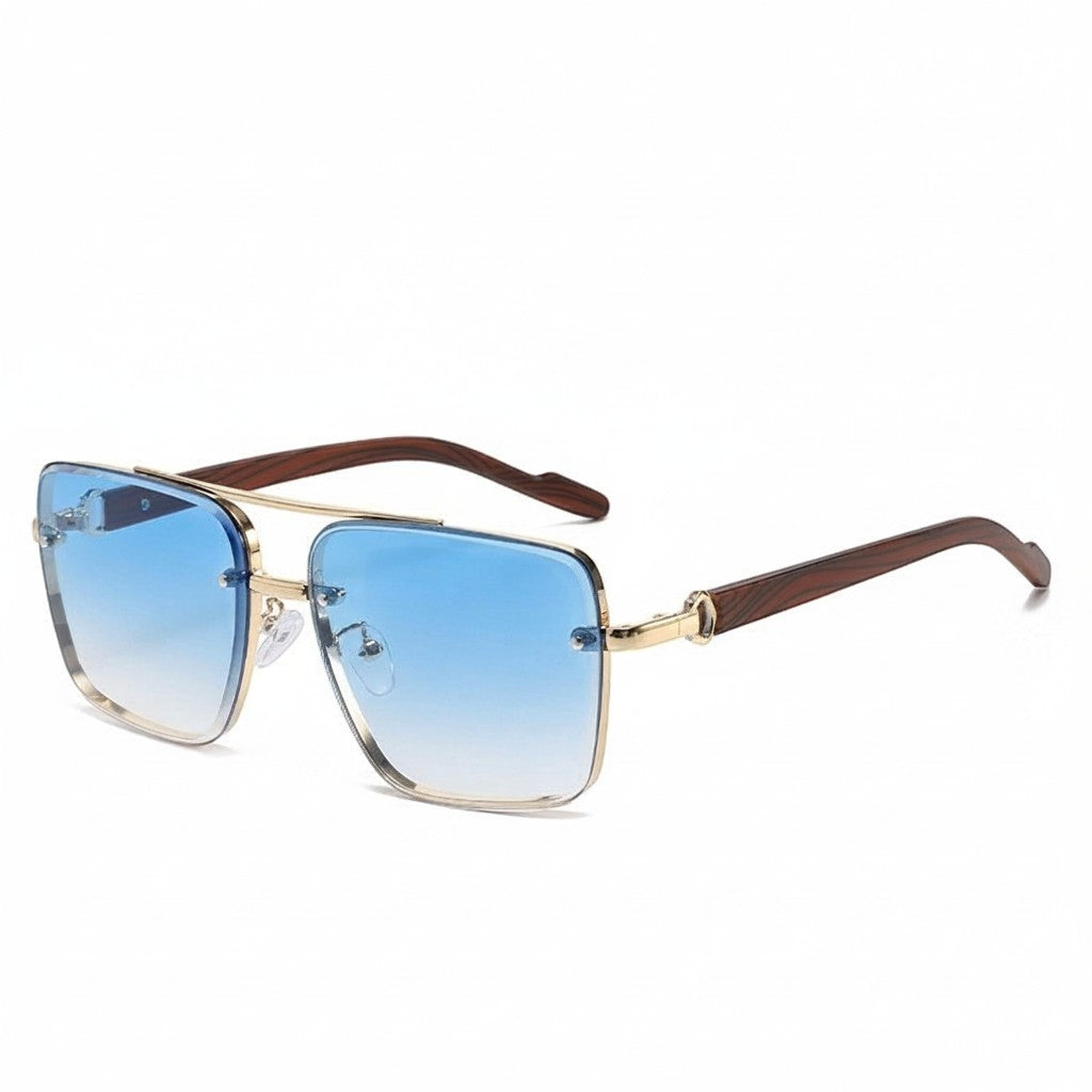 Aviator Sunglasses Metal Double Beam Frame – Wood Grain Temple