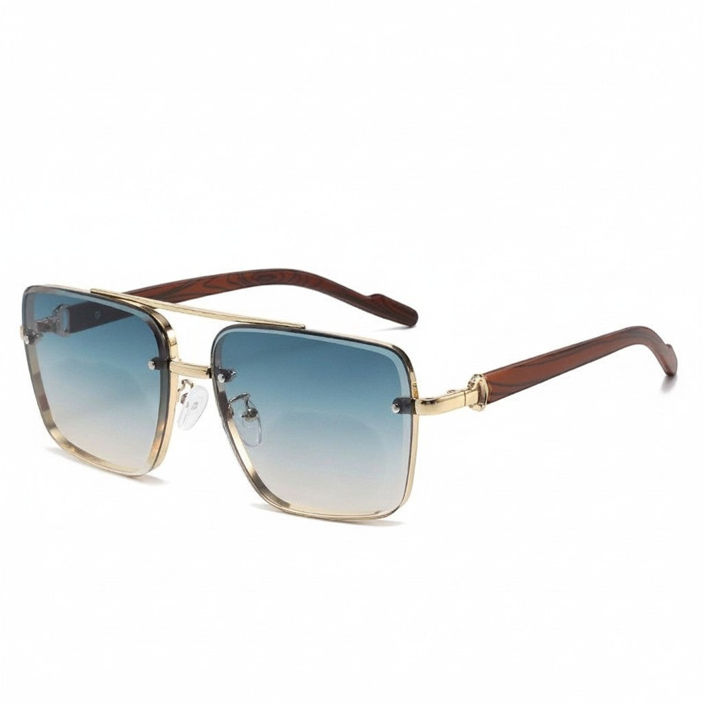 Aviator Sunglasses Metal Double Beam Frame – Wood Grain Temple