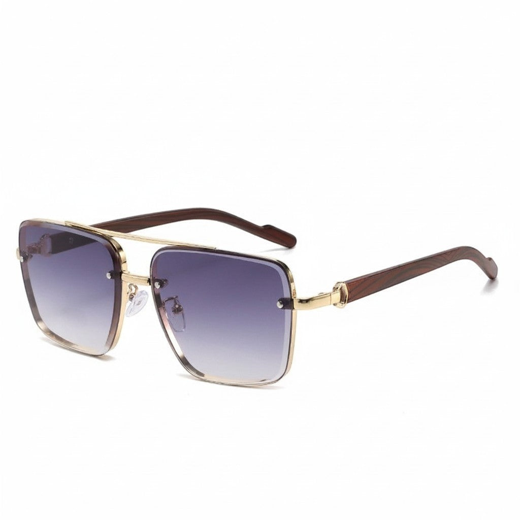 Aviator Sunglasses Metal Double Beam Frame – Wood Grain Temple