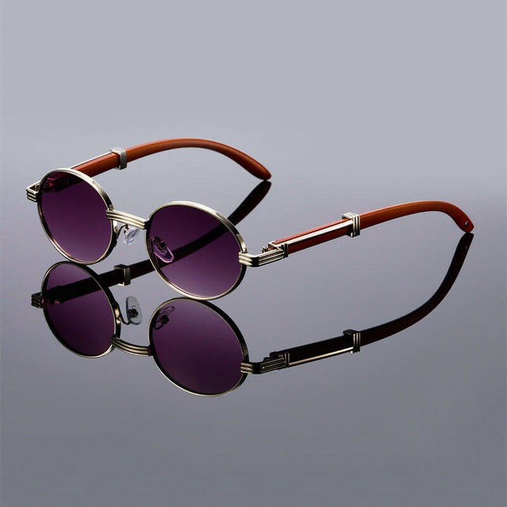 Oval Retro Sunglasses – Wood Temples Metal Frame UV400 Unisex Style