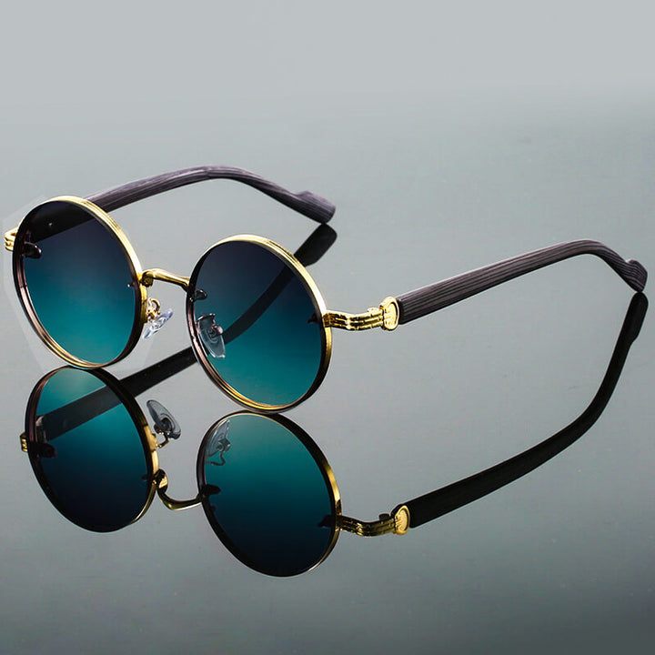 Round Tinted Sunglasses – Metal Frames with Wood-Effect Temples