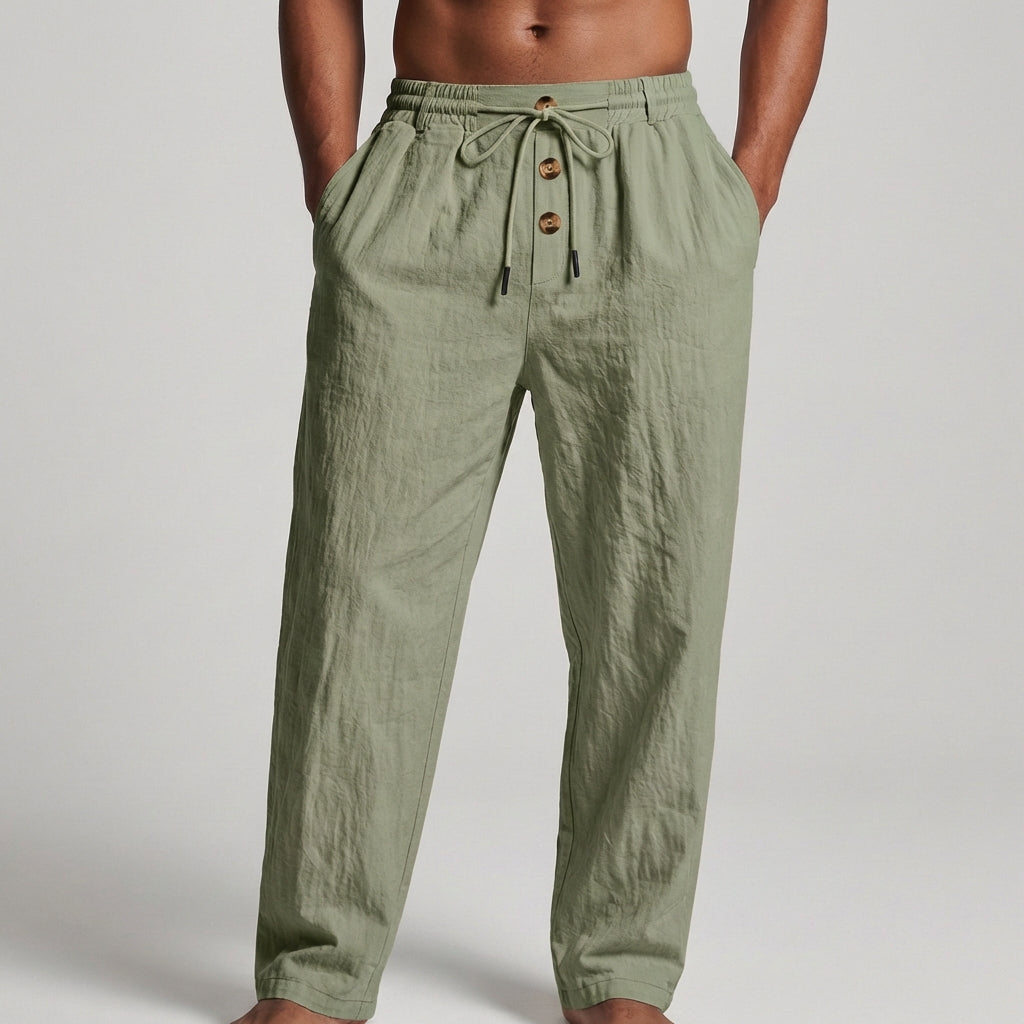 Men's Premium Linen Wide-Leg Trousers – Drawstring Waist Button Fly