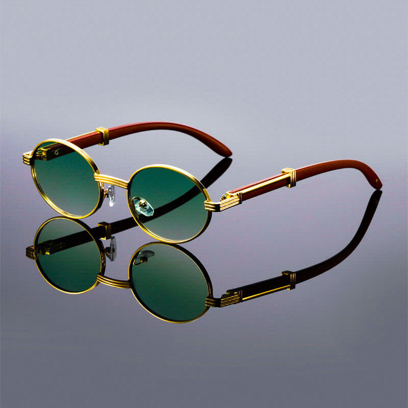 Oval Retro Sunglasses – Wood Temples Metal Frame UV400 Unisex Style