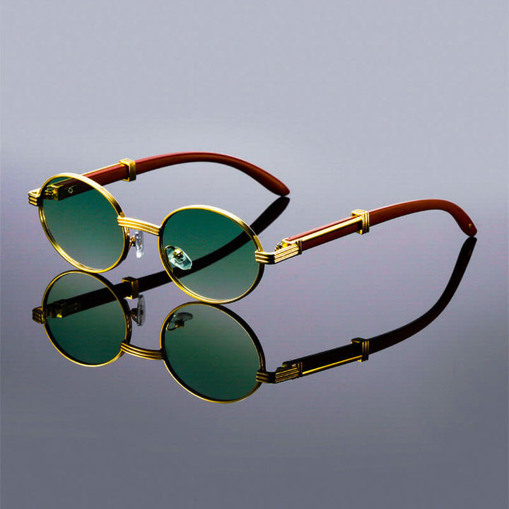 Oval Retro Sunglasses – Wood Temples Metal Frame UV400 Unisex Style