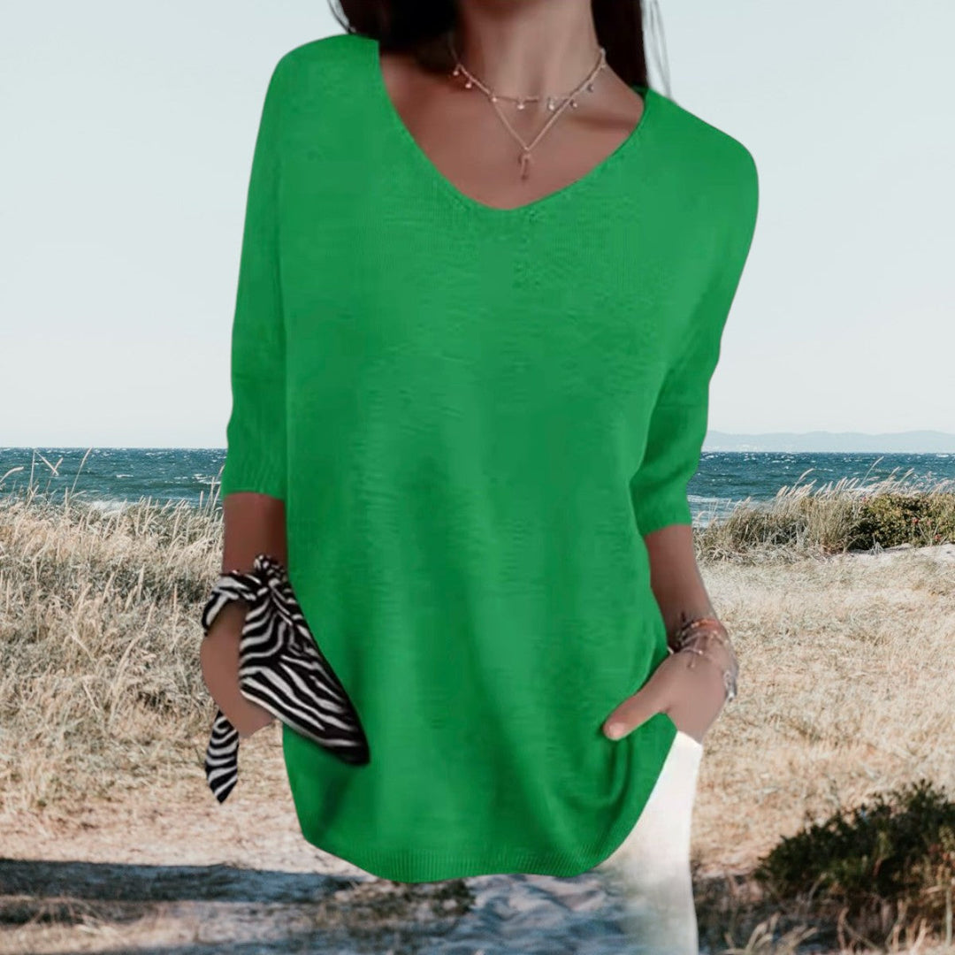 Women's Knit Sweater Slim-Fit Long Sleeve V-Neck – Ribbed Pullover