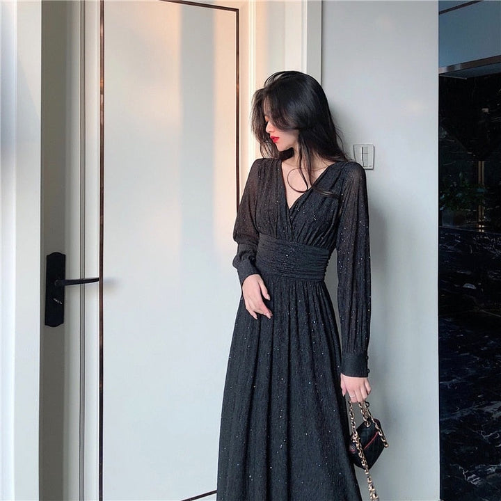 Women's Glitter Maxi Evening Dress Long Sheer Sleeves – Deep Neckline