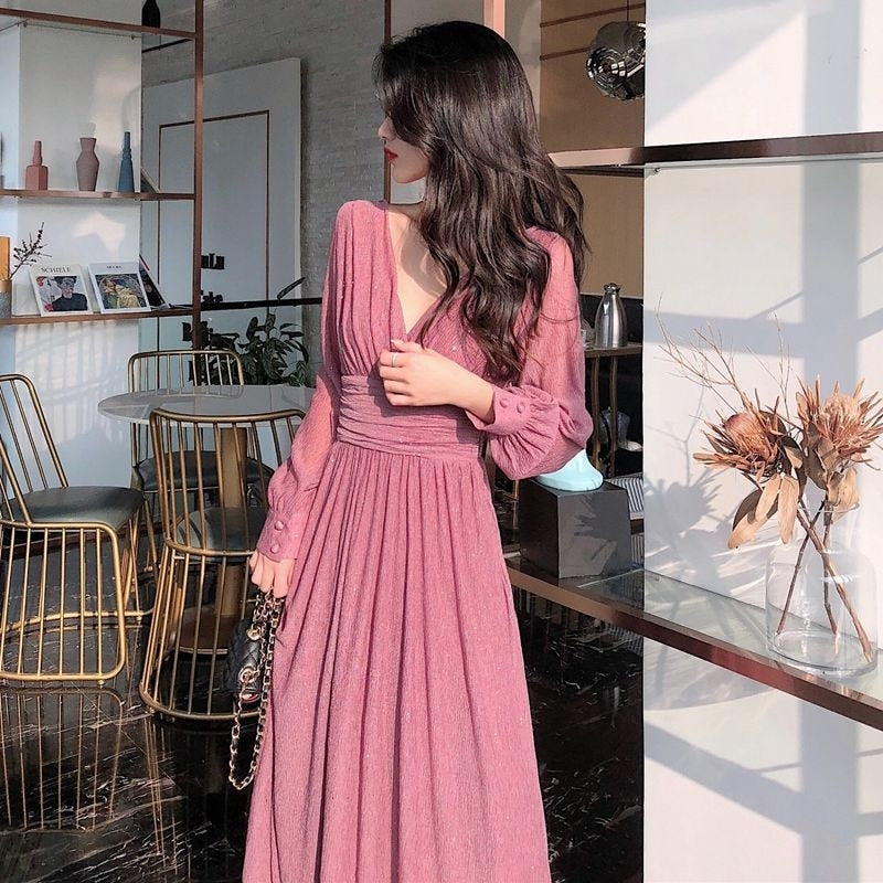 Women's Glitter Maxi Evening Dress Long Sheer Sleeves – Deep Neckline