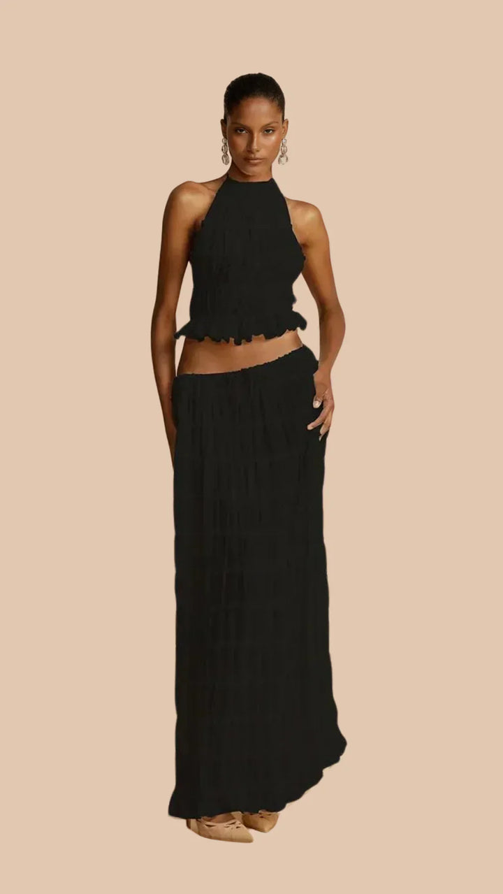 Two Piece Set Women – Ruched Crop Top &amp; Tiered Maxi Skirt