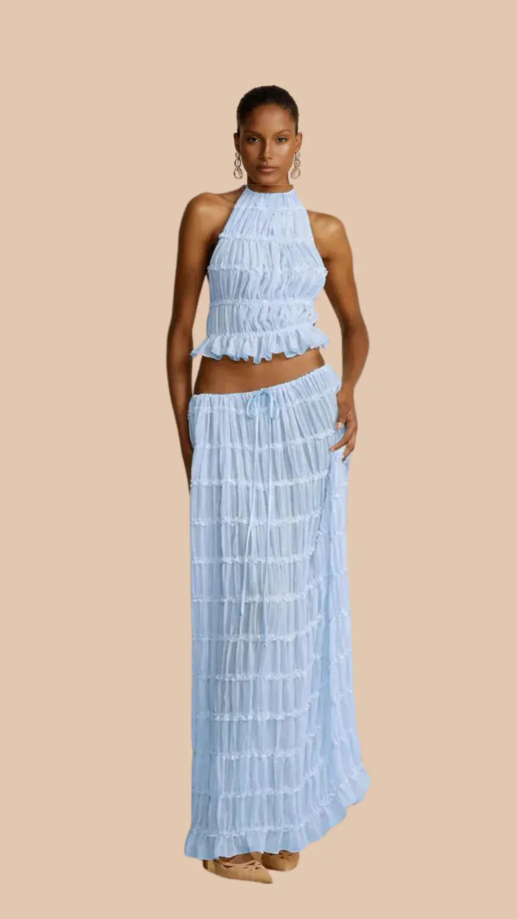 Two Piece Set Women – Ruched Crop Top &amp; Tiered Maxi Skirt