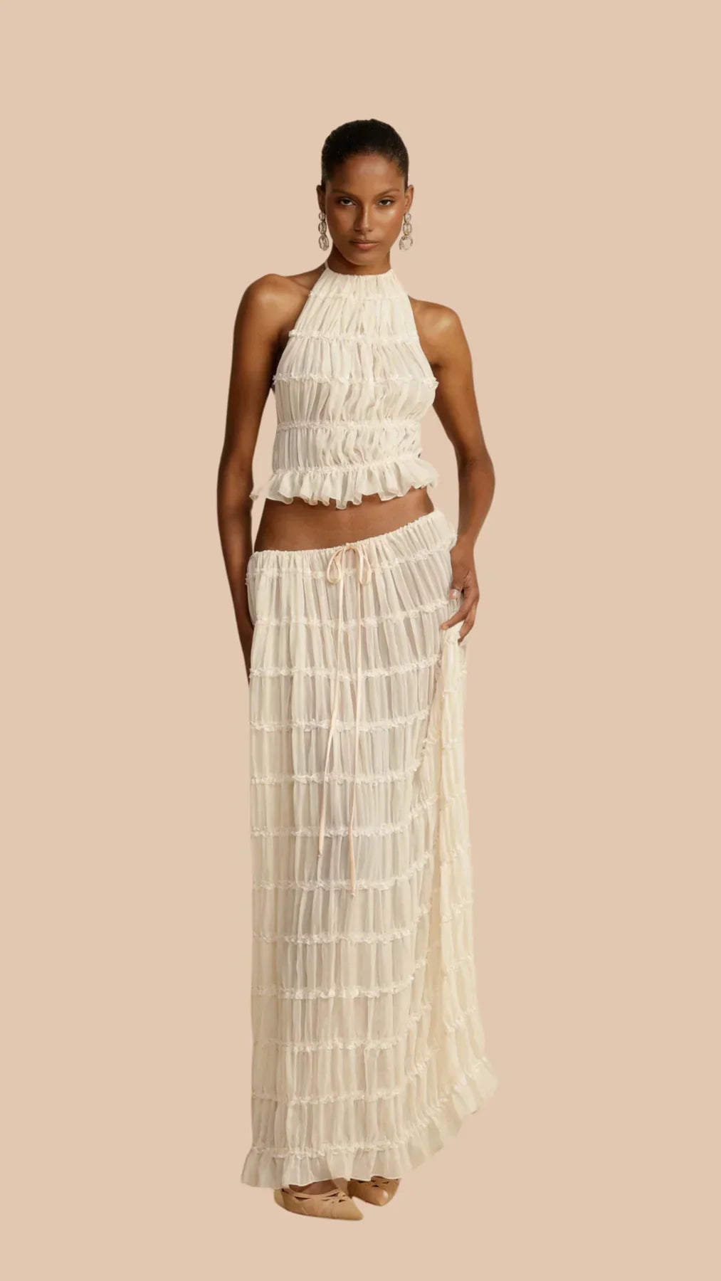 Two Piece Set Women – Ruched Crop Top &amp; Tiered Maxi Skirt