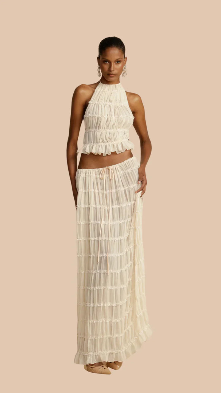 Two Piece Set Women – Ruched Crop Top &amp; Tiered Maxi Skirt
