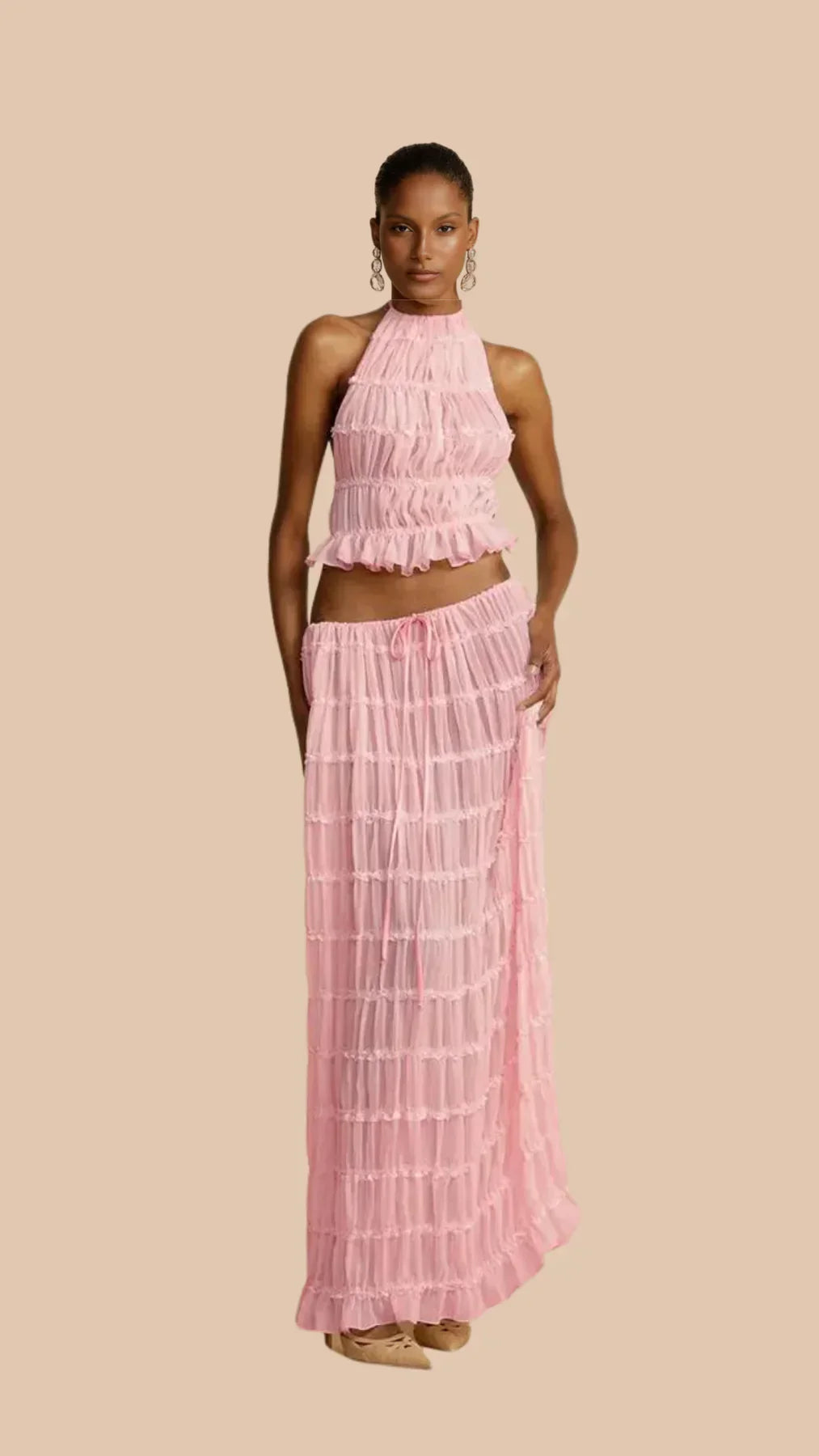Two Piece Set Women – Ruched Crop Top &amp; Tiered Maxi Skirt