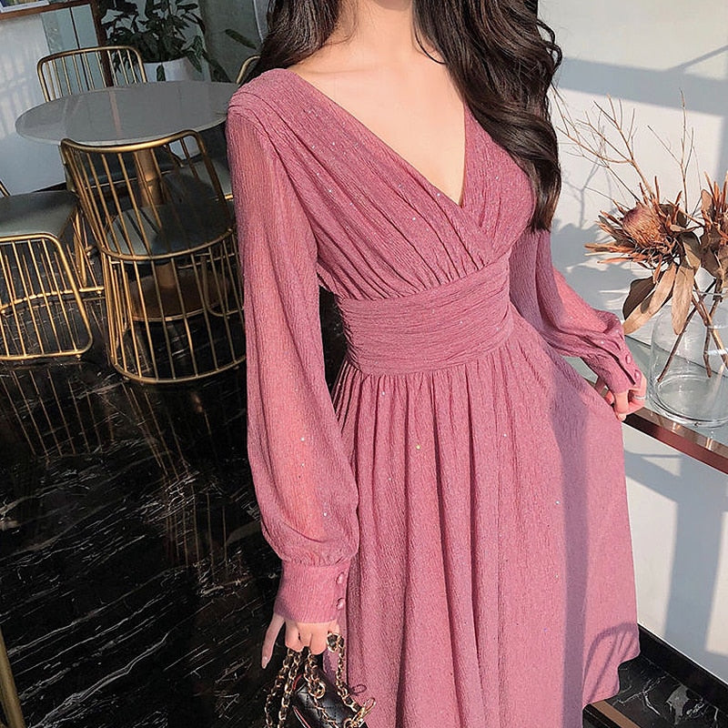 Women's Glitter Maxi Evening Dress Long Sheer Sleeves – Deep Neckline