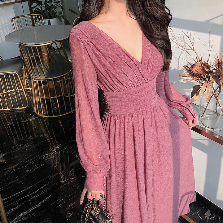 Women's Glitter Maxi Evening Dress Long Sheer Sleeves – Deep Neckline