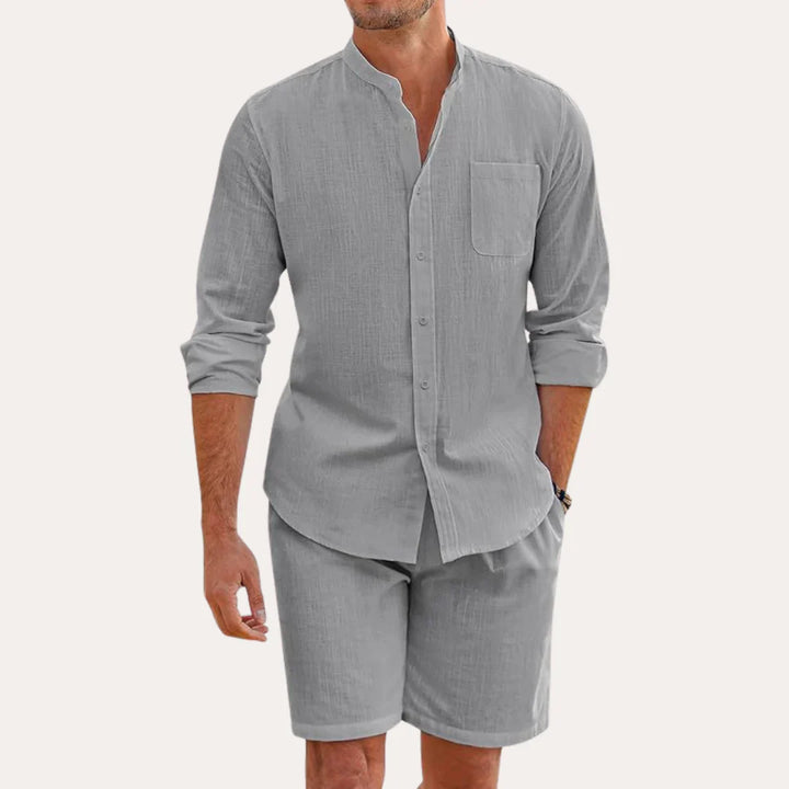 Men's Linen Look Shirt Shorts Set Stand Collar – Long Sleeve Pocket