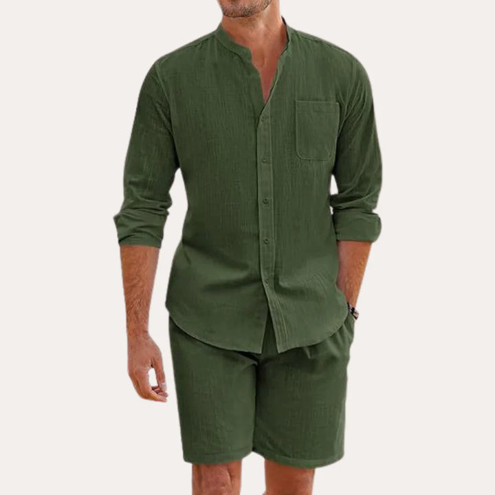 Men's Linen Look Shirt Shorts Set Stand Collar – Long Sleeve Pocket