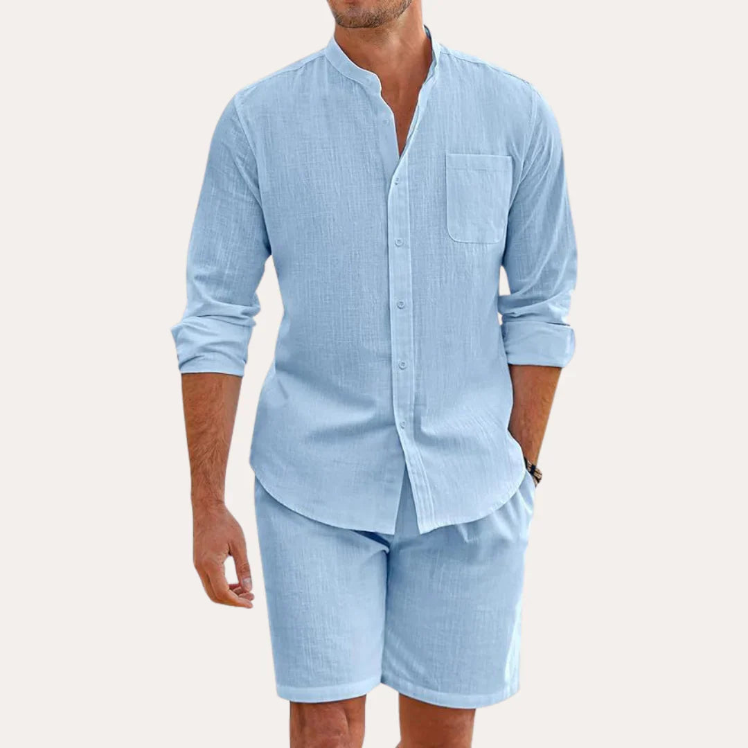 Men's Linen Look Shirt Shorts Set Stand Collar – Long Sleeve Pocket