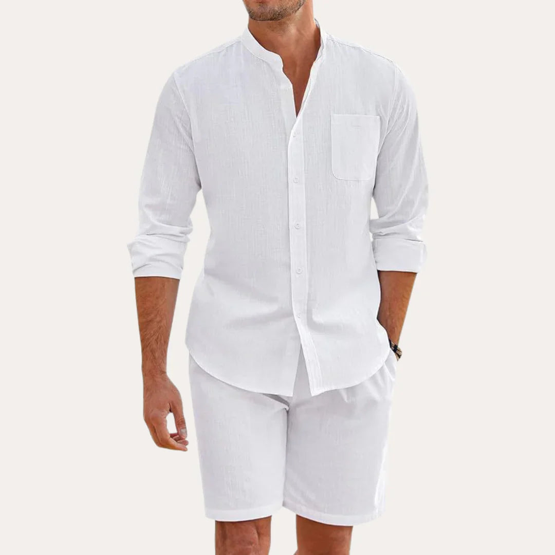 Men's Linen Look Shirt Shorts Set Stand Collar – Long Sleeve Pocket