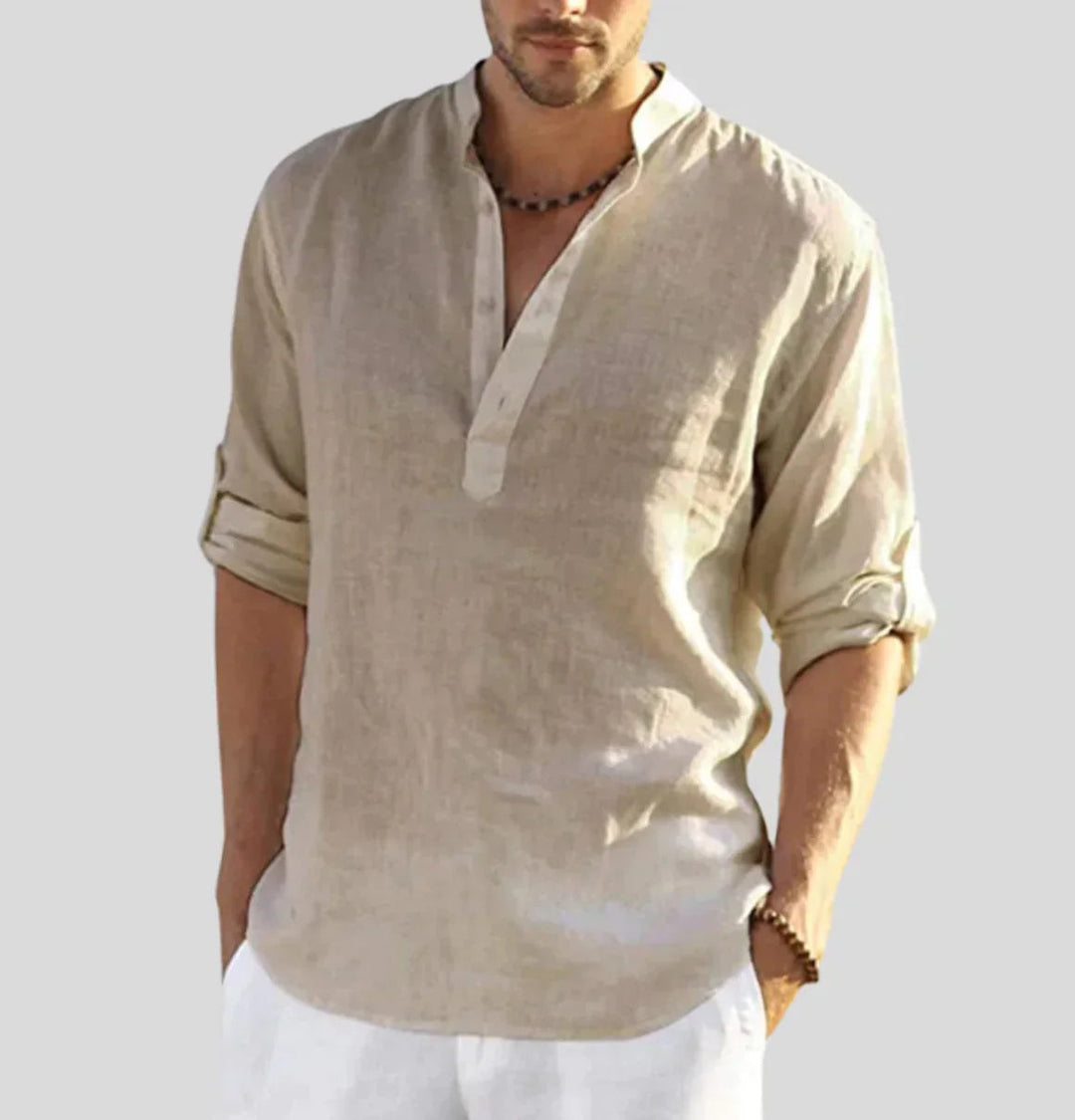 Men's Linen Shirt Long Sleeve | Relaxed Fit Stand Collar
