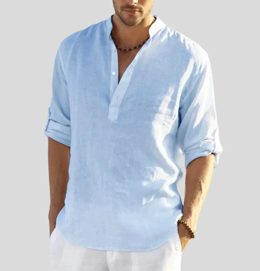 Men's Linen Shirt Long Sleeve | Relaxed Fit Stand Collar
