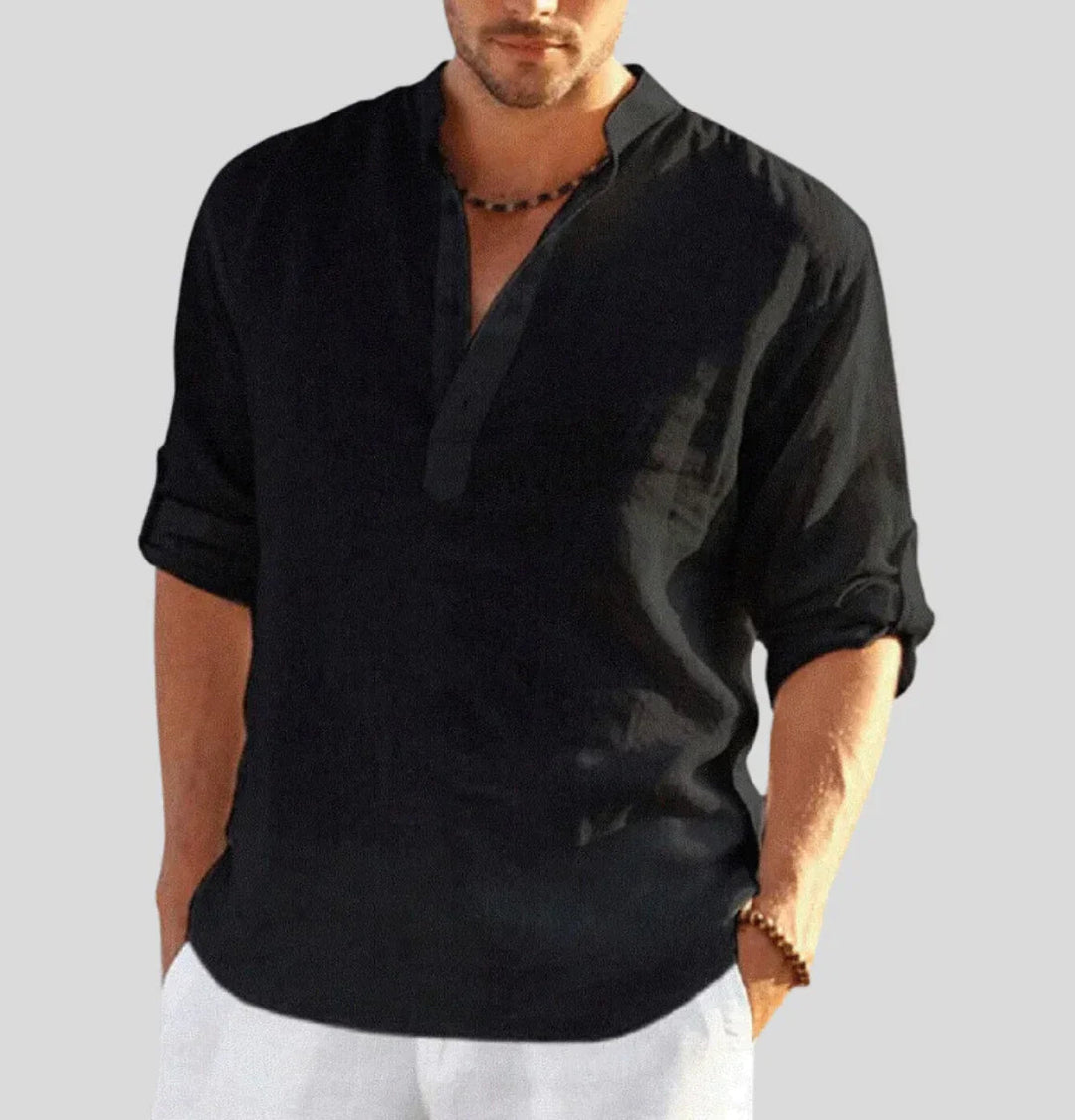 Men's Linen Shirt Long Sleeve | Relaxed Fit Stand Collar