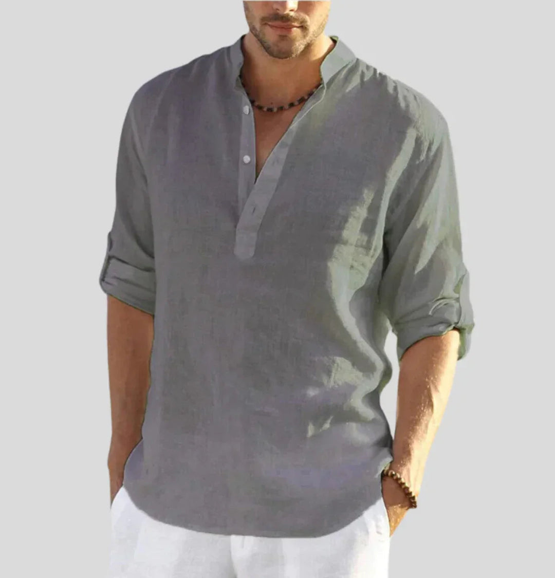 Men's Linen Shirt Long Sleeve | Relaxed Fit Stand Collar