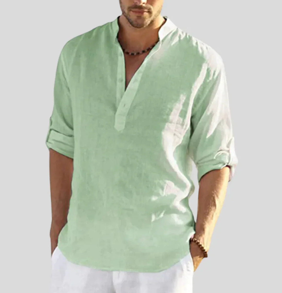 Men's Linen Shirt Long Sleeve | Relaxed Fit Stand Collar