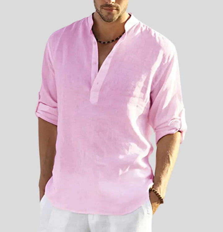 Men's Linen Shirt Long Sleeve | Relaxed Fit Stand Collar
