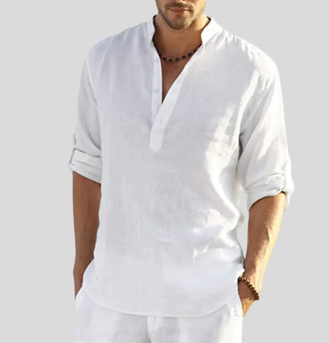Men's Linen Shirt Long Sleeve | Relaxed Fit Stand Collar