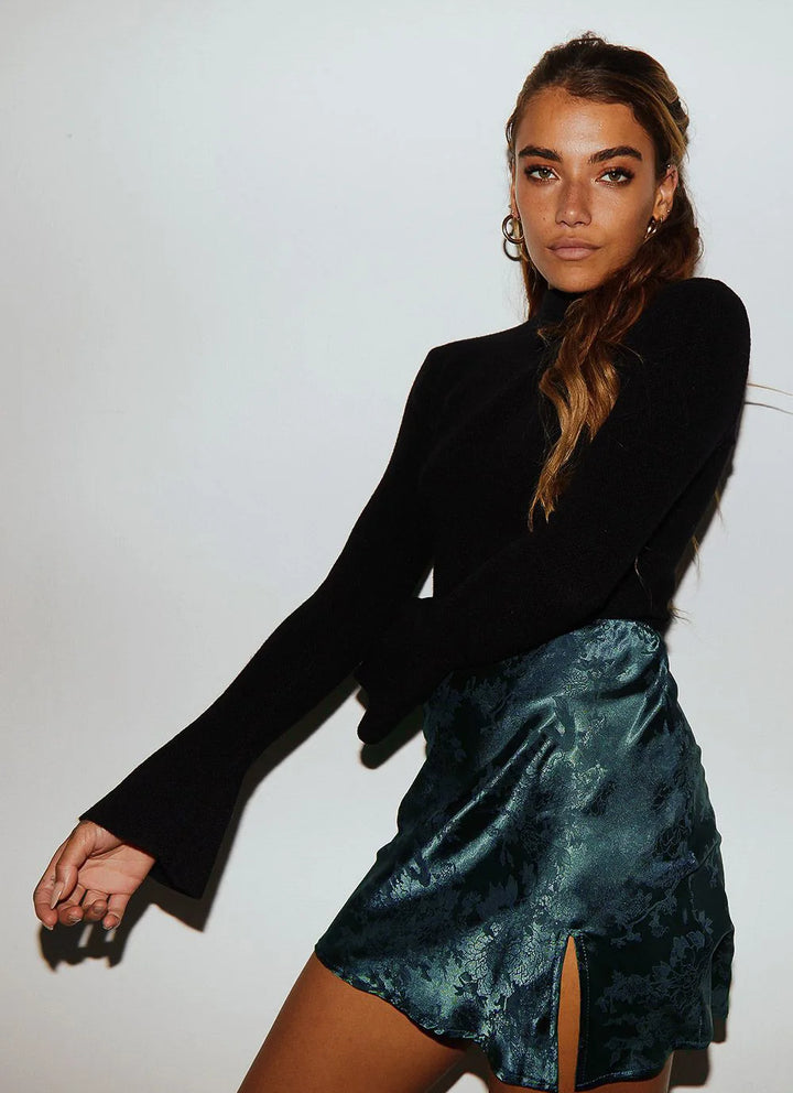 Women's Satin Mini Skirt A-Line – Floral Jacquard Side Slit