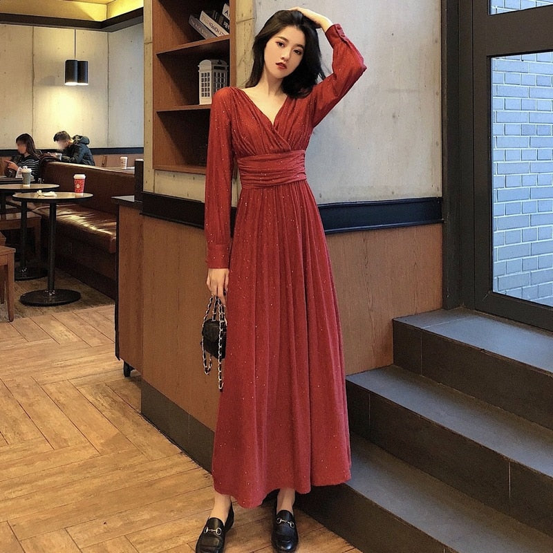 Women's Glitter Maxi Evening Dress Long Sheer Sleeves – Deep Neckline